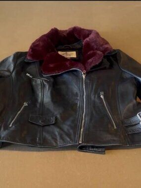 Wilsons Leather Black Moto Biker Jacket with Removable Wine Faux Fur Collar